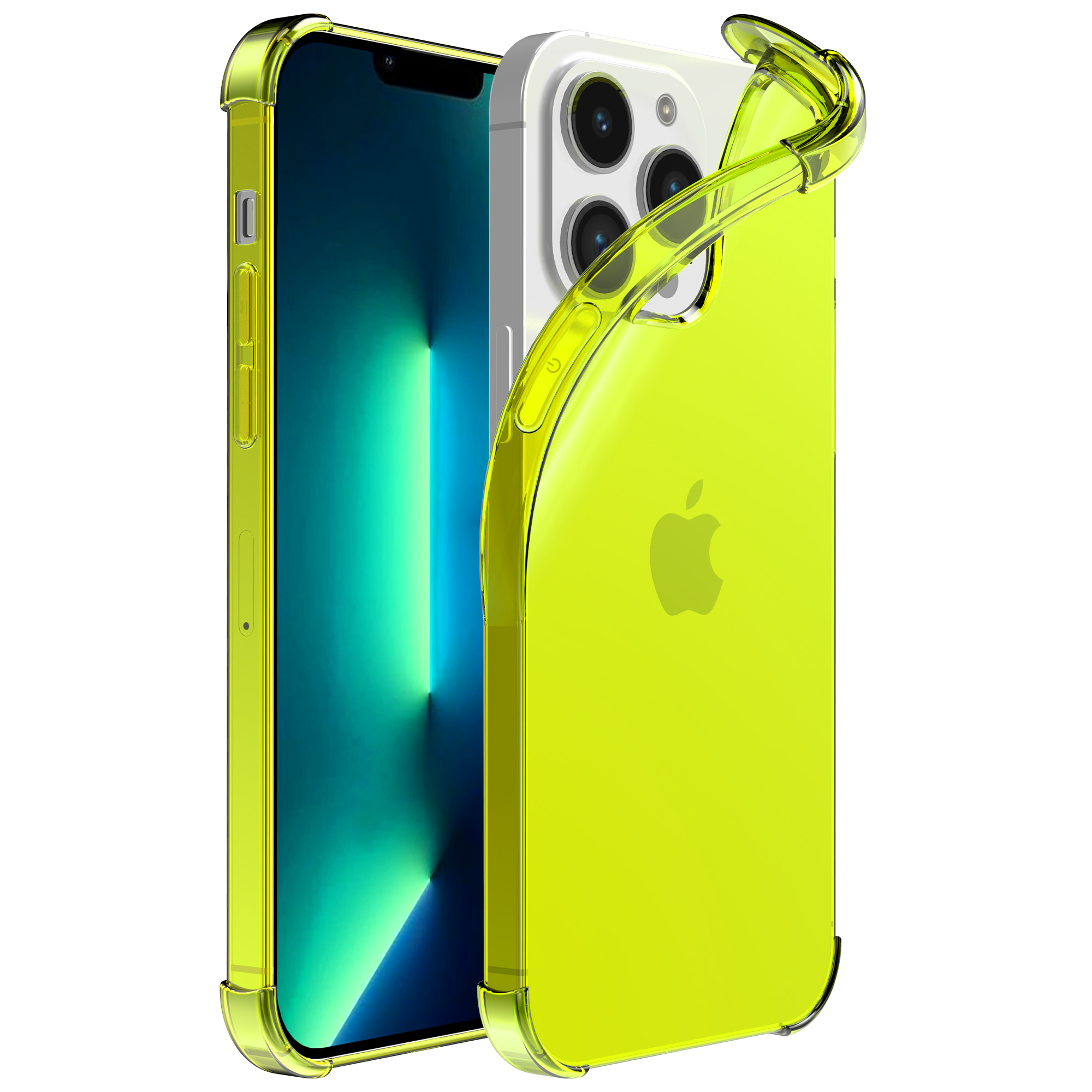 iPhone 13 Pro siliconen telefoonhoesje met stootrand transparant neon geel (1)