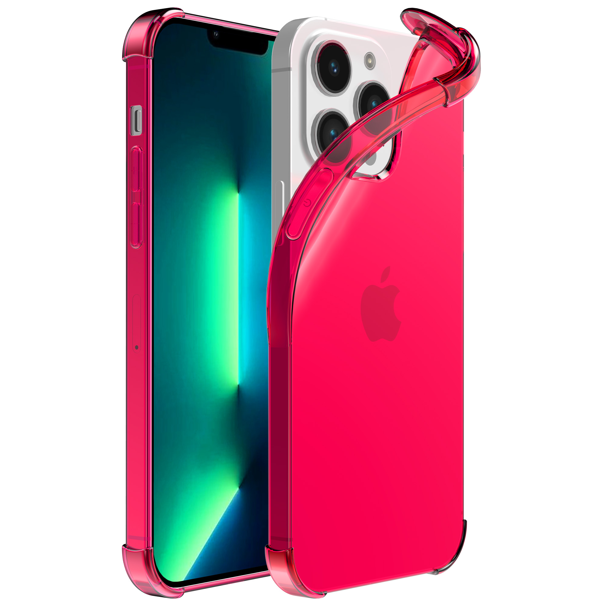 iPhone 13 Pro siliconen telefoonhoesje met stootrand transparant neon roze (1)