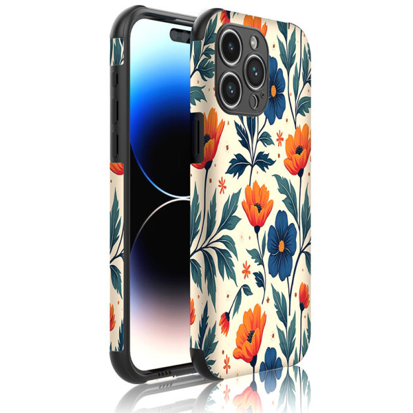 iPhone 14 Pro Max telefoonhoesje met sterke bumper rand en blauw en oranje bloemen opdruk (1)
