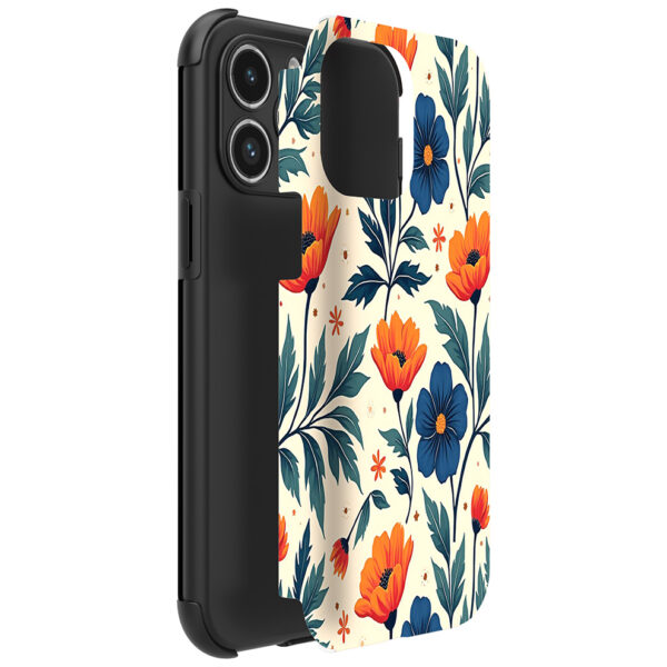 iPhone 14 Pro Max telefoonhoesje met sterke bumper rand en blauw en oranje bloemen opdruk (2)