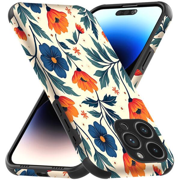 iPhone 14 Pro Max telefoonhoesje met sterke bumper rand en blauw en oranje bloemen opdruk (3)