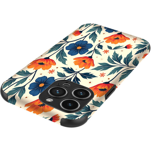 iPhone 14 Pro Max telefoonhoesje met sterke bumper rand en blauw en oranje bloemen opdruk (4)