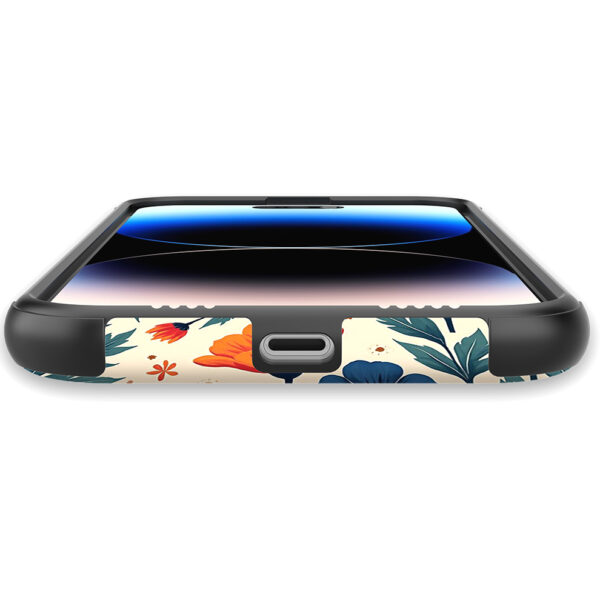 iPhone 14 Pro Max telefoonhoesje met sterke bumper rand en blauw en oranje bloemen opdruk (5)