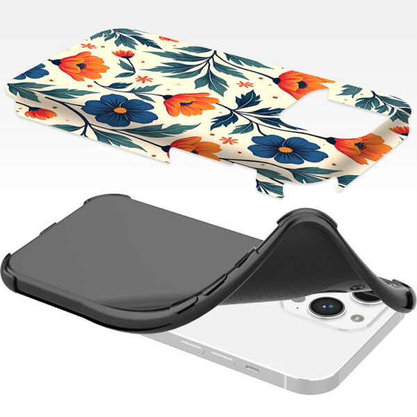 iPhone 14 Pro Max telefoonhoesje met sterke bumper rand en blauw en oranje bloemen opdruk (6)