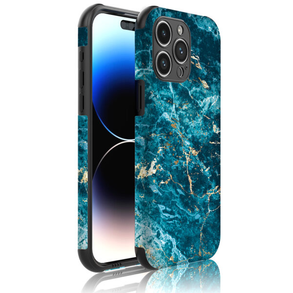 iPhone 14 Pro Max telefoonhoesje met sterke bumper rand en blauw goud marmer opdruk (1)