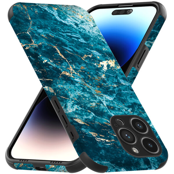 iPhone 14 Pro Max telefoonhoesje met sterke bumper rand en blauw goud marmer opdruk (3)