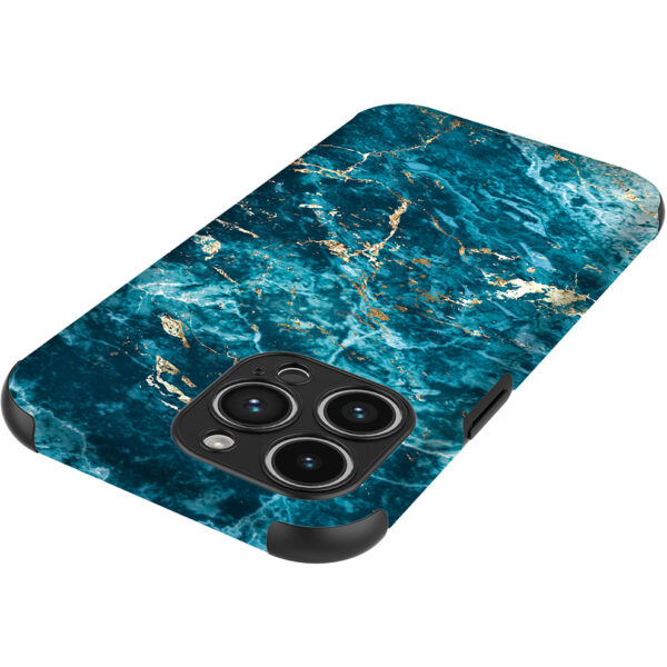 iPhone 14 Pro Max telefoonhoesje met sterke bumper rand en blauw goud marmer opdruk (4)