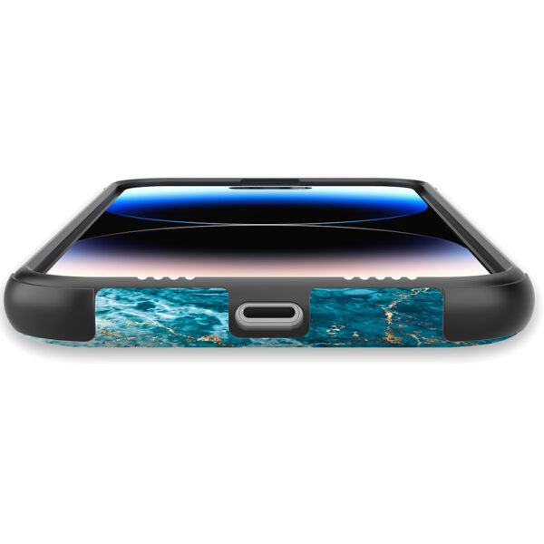iPhone 14 Pro Max telefoonhoesje met sterke bumper rand en blauw goud marmer opdruk (5)