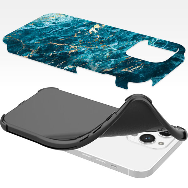 iPhone 14 Pro Max telefoonhoesje met sterke bumper rand en blauw goud marmer opdruk (6)