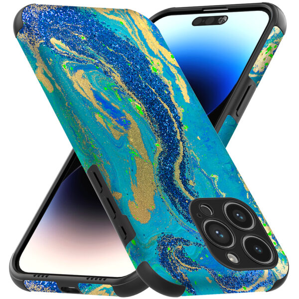 iPhone 14 Pro Max telefoonhoesje met sterke bumper rand en blauw groen goud marmer opdruk (3)