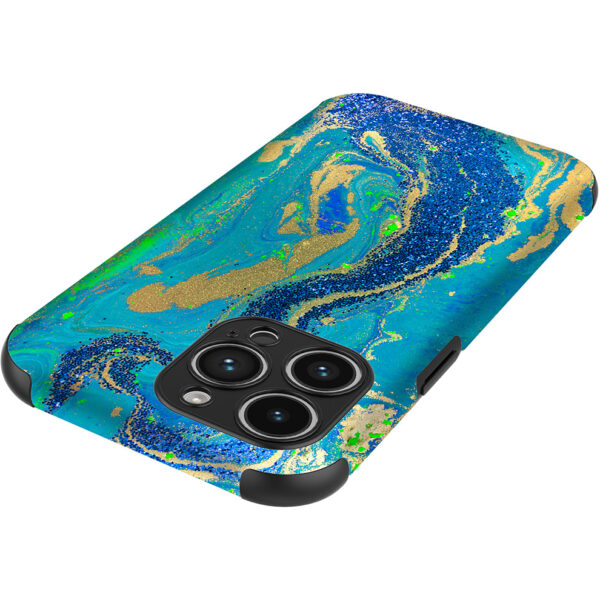 iPhone 14 Pro Max telefoonhoesje met sterke bumper rand en blauw groen goud marmer opdruk (4)
