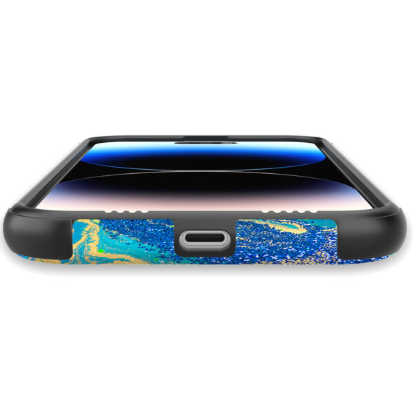 iPhone 14 Pro Max telefoonhoesje met sterke bumper rand en blauw groen goud marmer opdruk (5)