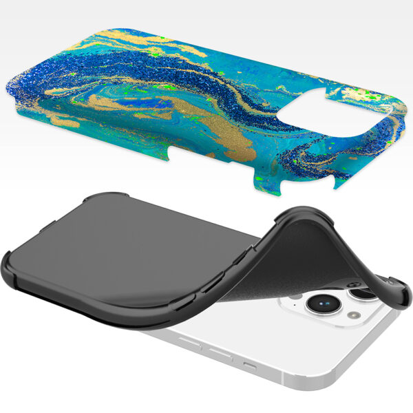 iPhone 14 Pro Max telefoonhoesje met sterke bumper rand en blauw groen goud marmer opdruk (6)