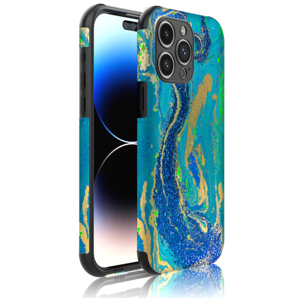 iPhone 14 Pro Max telefoonhoesje met sterke bumper rand en blauw groen goud marmer opdruk (7)