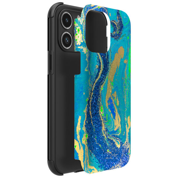 iPhone 14 Pro Max telefoonhoesje met sterke bumper rand en blauw groen goud marmer opdruk (8)