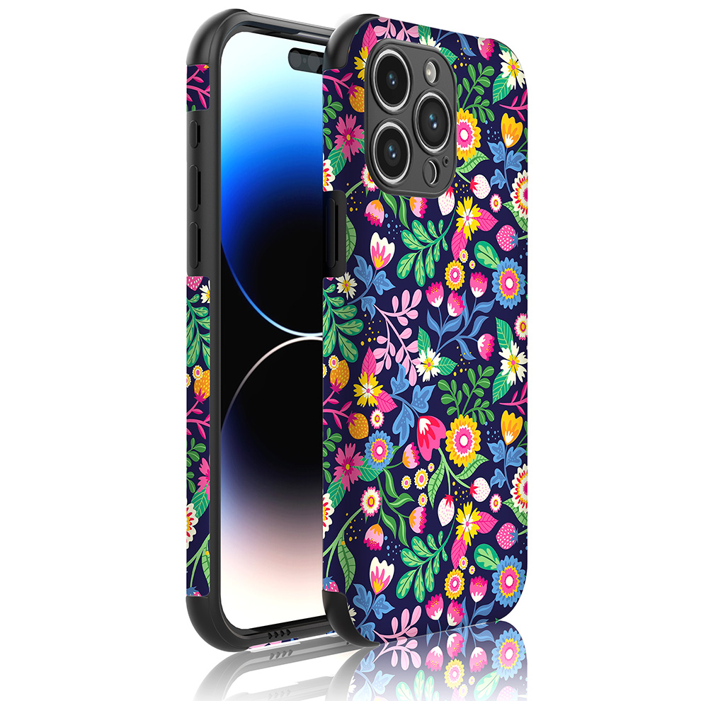 iPhone 14 Pro Max telefoonhoesje met sterke bumper rand en bloemen opdruk (1)