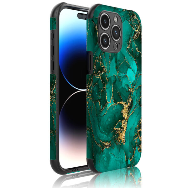 iPhone 14 Pro Max telefoonhoesje met sterke bumper rand en groen goud marmer opdruk (1)