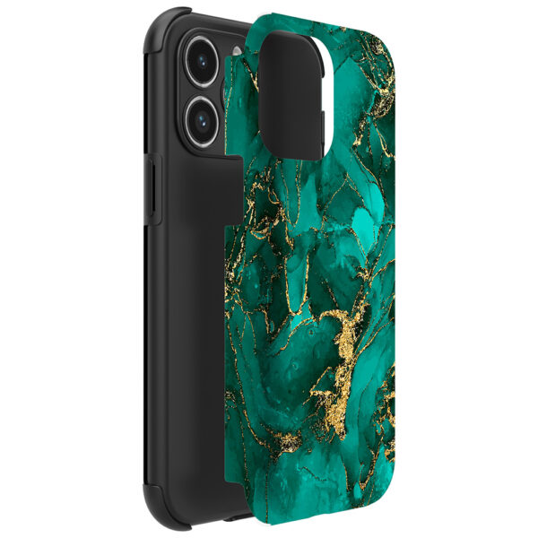 iPhone 14 Pro Max telefoonhoesje met sterke bumper rand en groen goud marmer opdruk (2)