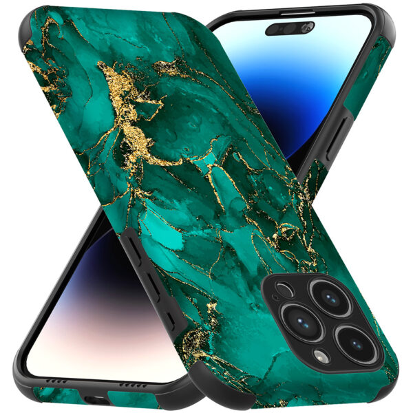 iPhone 14 Pro Max telefoonhoesje met sterke bumper rand en groen goud marmer opdruk (3)