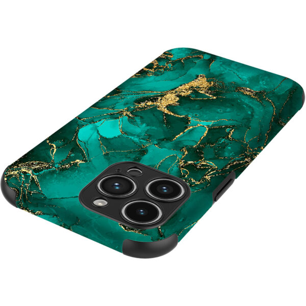 iPhone 14 Pro Max telefoonhoesje met sterke bumper rand en groen goud marmer opdruk (4)