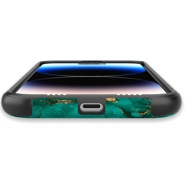 iPhone 14 Pro Max telefoonhoesje met sterke bumper rand en groen goud marmer opdruk (5)