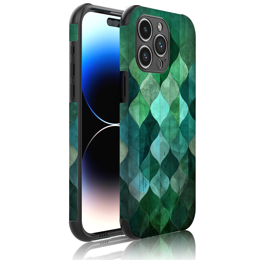 iPhone 14 Pro Max telefoonhoesje met sterke bumper rand en groene bladeren opdruk (1)