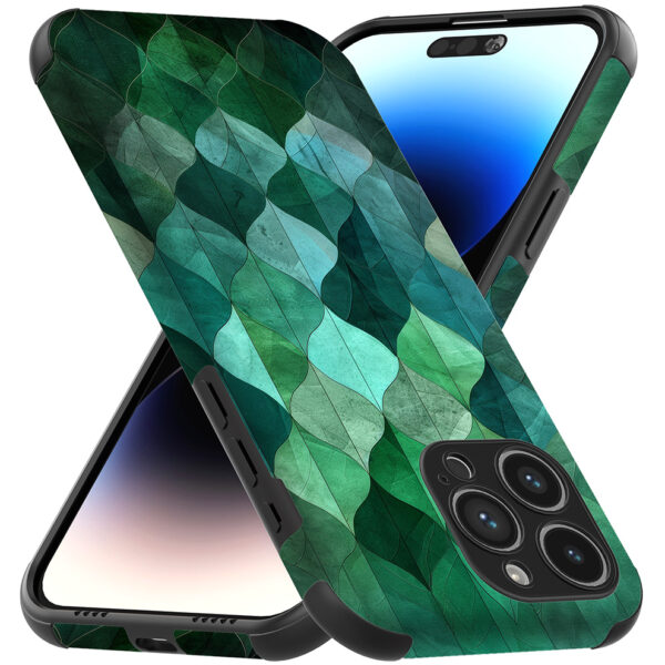 iPhone 14 Pro Max telefoonhoesje met sterke bumper rand en groene bladeren opdruk (3)