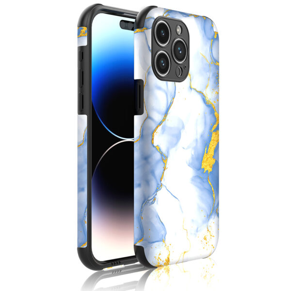 iPhone 14 Pro Max telefoonhoesje met sterke bumper rand en lichtblauw goud marmer opdruk (1)