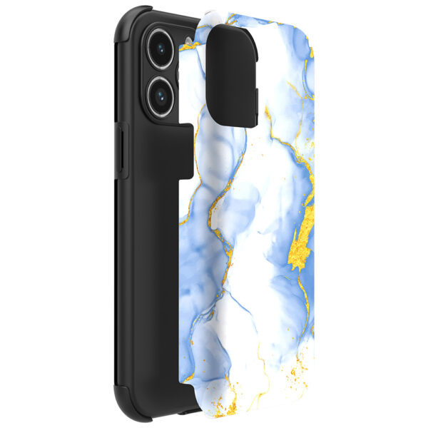iPhone 14 Pro Max telefoonhoesje met sterke bumper rand en lichtblauw goud marmer opdruk (2)