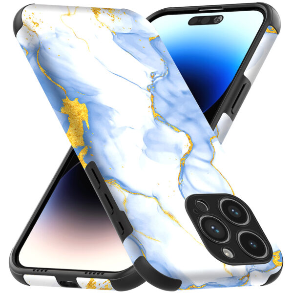 iPhone 14 Pro Max telefoonhoesje met sterke bumper rand en lichtblauw goud marmer opdruk (4)