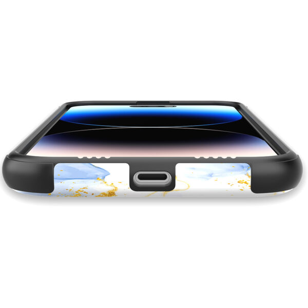 iPhone 14 Pro Max telefoonhoesje met sterke bumper rand en lichtblauw goud marmer opdruk (5)
