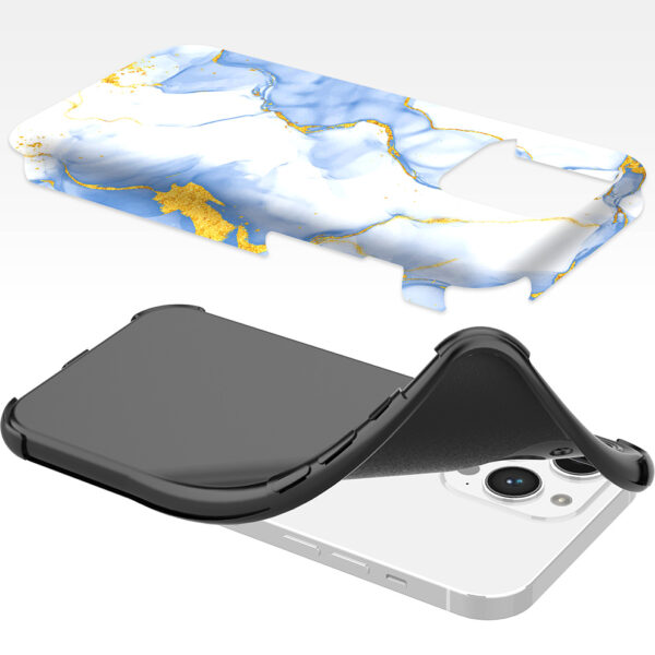 iPhone 14 Pro Max telefoonhoesje met sterke bumper rand en lichtblauw goud marmer opdruk (6)
