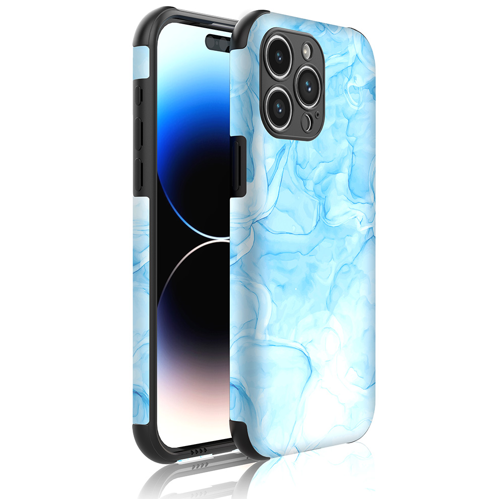iPhone 14 Pro Max telefoonhoesje met sterke bumper rand en lichtblauw marmer opdruk (1)