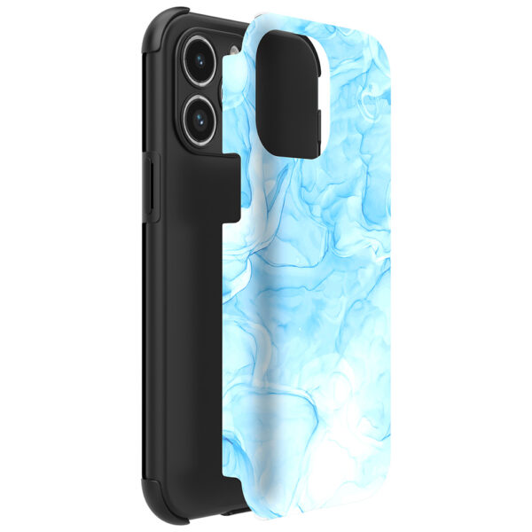 iPhone 14 Pro Max telefoonhoesje met sterke bumper rand en lichtblauw marmer opdruk (2)