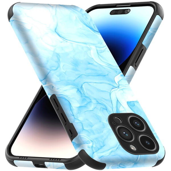 iPhone 14 Pro Max telefoonhoesje met sterke bumper rand en lichtblauw marmer opdruk (3)