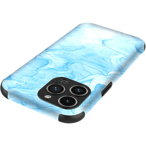iPhone 14 Pro Max telefoonhoesje met sterke bumper rand en lichtblauw marmer opdruk (4)
