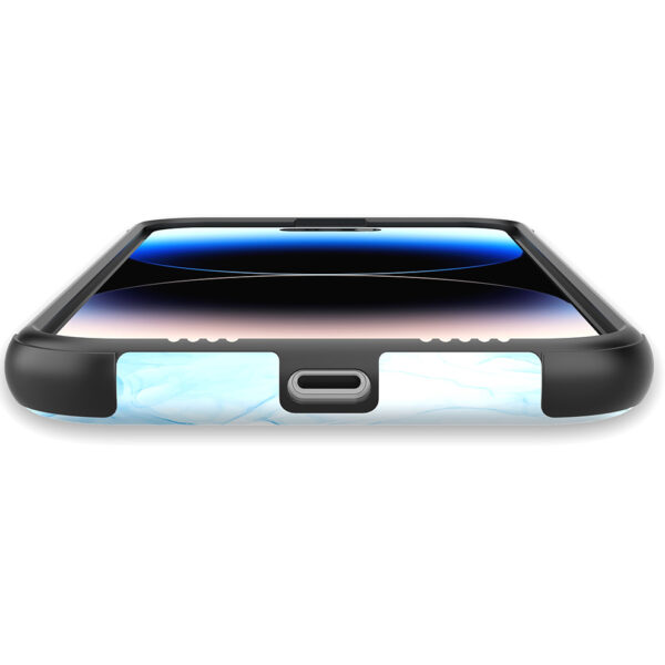 iPhone 14 Pro Max telefoonhoesje met sterke bumper rand en lichtblauw marmer opdruk (5)