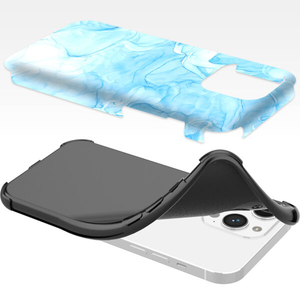 iPhone 14 Pro Max telefoonhoesje met sterke bumper rand en lichtblauw marmer opdruk (6)