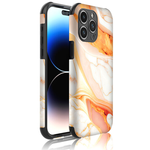 iPhone 14 Pro Max telefoonhoesje met sterke bumper rand en oranje marmer opdruk (1)