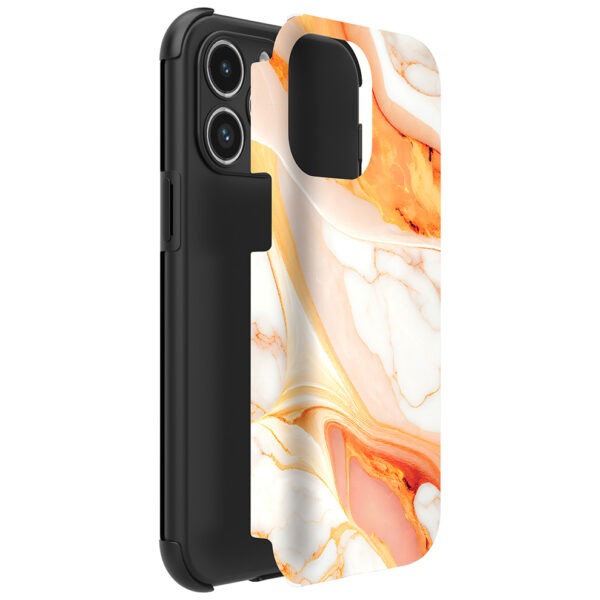 iPhone 14 Pro Max telefoonhoesje met sterke bumper rand en oranje marmer opdruk (2)