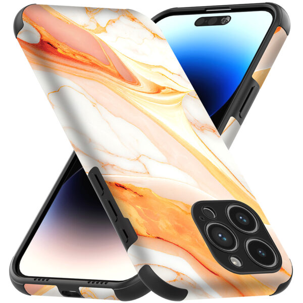 iPhone 14 Pro Max telefoonhoesje met sterke bumper rand en oranje marmer opdruk (3)