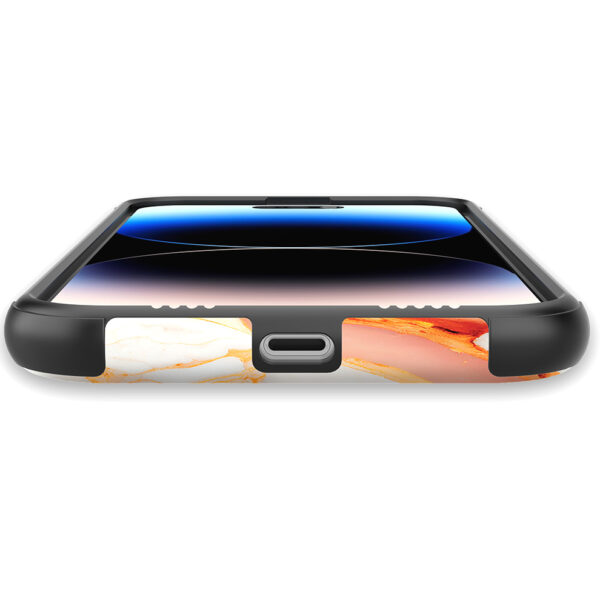 iPhone 14 Pro Max telefoonhoesje met sterke bumper rand en oranje marmer opdruk (5)