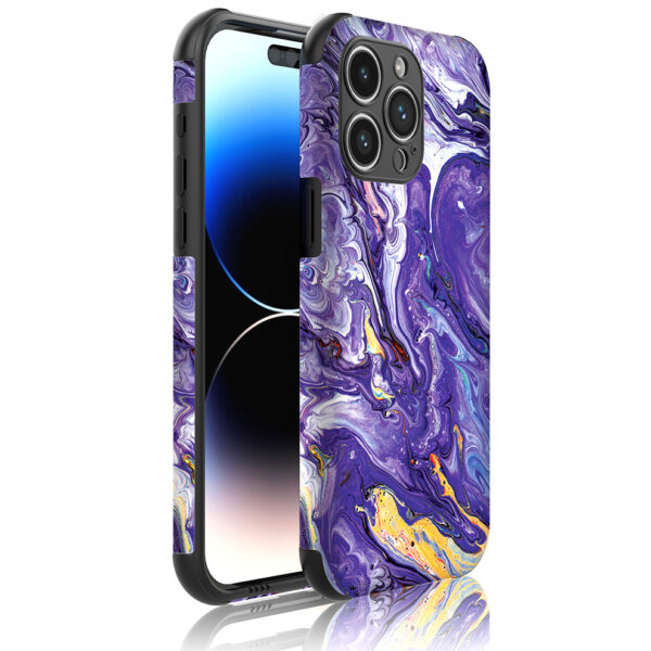 iPhone 14 Pro Max telefoonhoesje met sterke bumper rand en paars marmer opdruk (1)