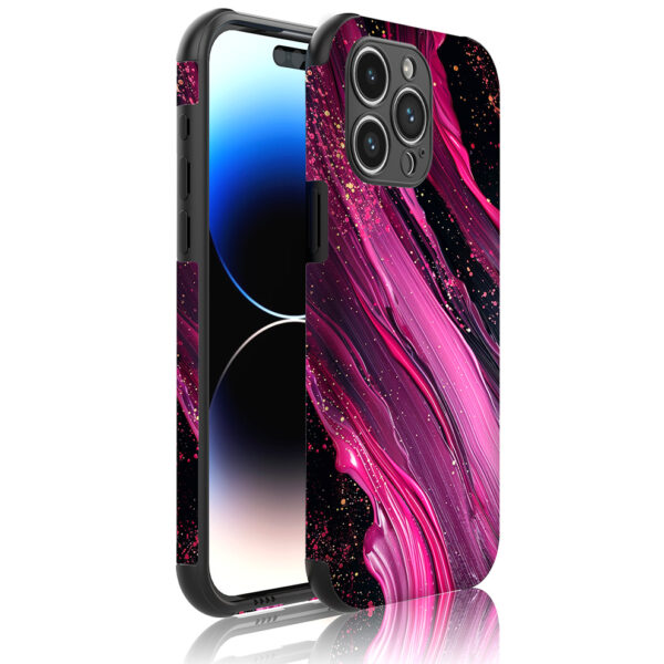 iPhone 14 Pro Max telefoonhoesje met sterke bumper rand en paars roze marmer opdruk (1)