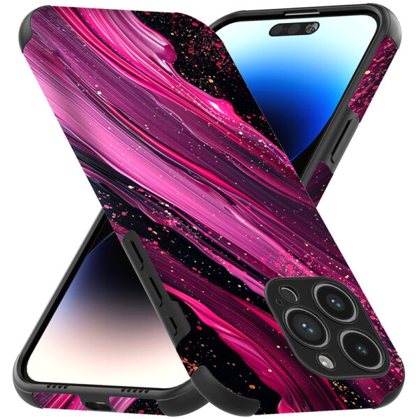 iPhone 14 Pro Max telefoonhoesje met sterke bumper rand en paars roze marmer opdruk (3)