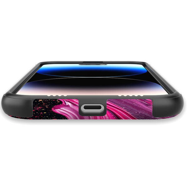 iPhone 14 Pro Max telefoonhoesje met sterke bumper rand en paars roze marmer opdruk (5)