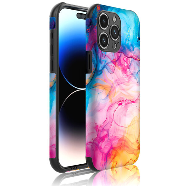iPhone 14 Pro Max telefoonhoesje met sterke bumper rand en regenboog acryl marmer opdruk (1)