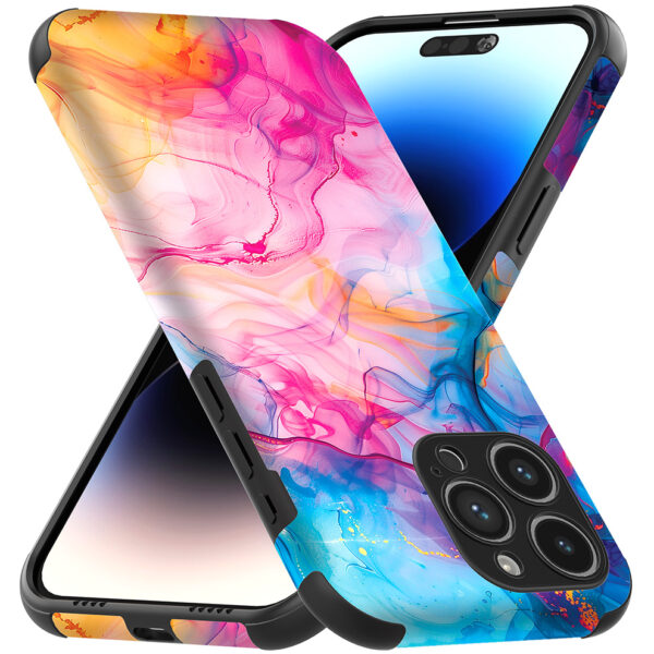 iPhone 14 Pro Max telefoonhoesje met sterke bumper rand en regenboog acryl marmer opdruk (3)