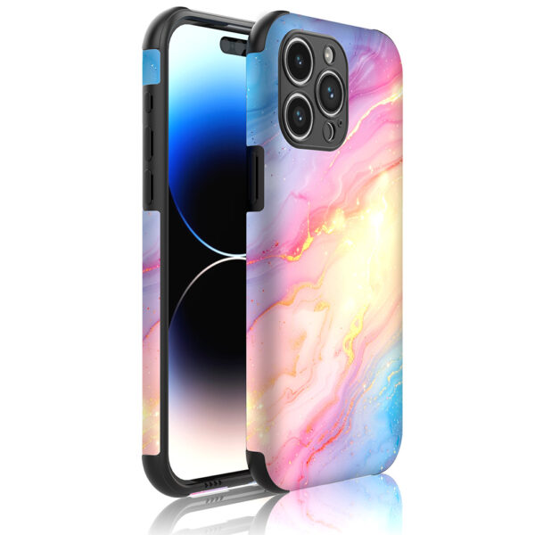 iPhone 14 Pro Max telefoonhoesje met sterke bumper rand en regenboog glitter marmer opdruk (1)