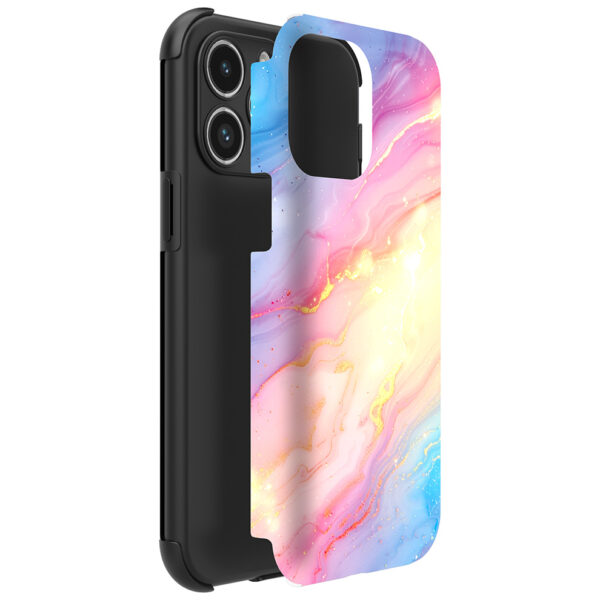 iPhone 14 Pro Max telefoonhoesje met sterke bumper rand en regenboog glitter marmer opdruk (2)